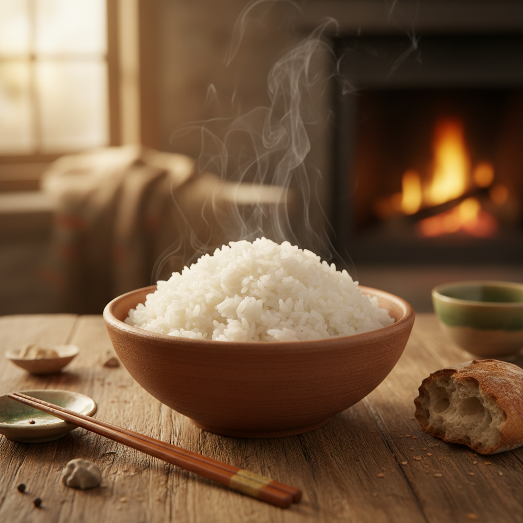 A warm bowl of fluffy white rice on a wooden table, steam rising, cozy lighting