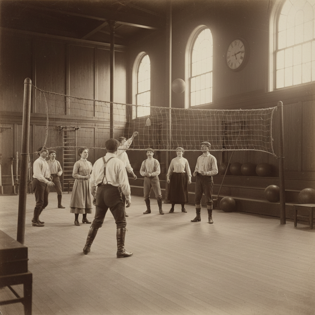 Vintage photo look of a 19th-century gymnasium with a volleyball net, people playing in retro sports attire, sepia tone, historical atmosphere
