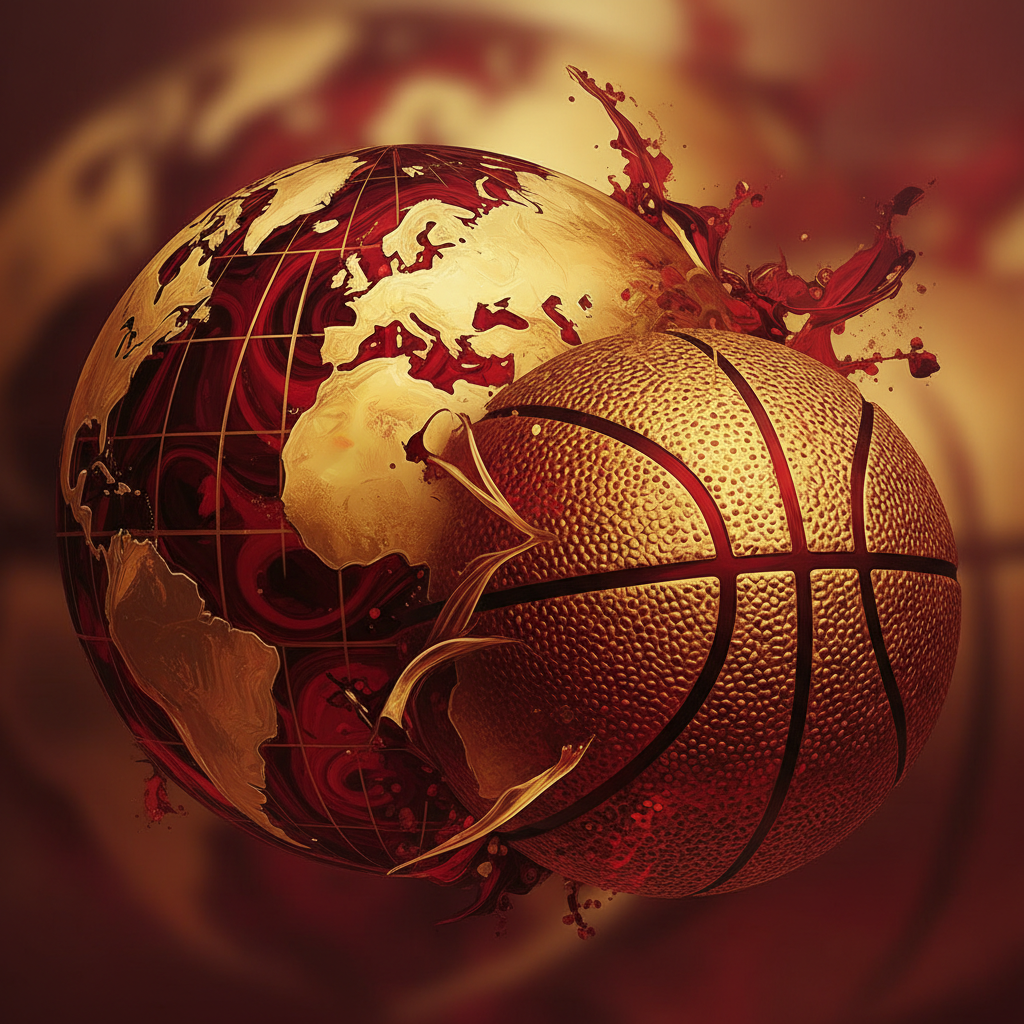 Abstract artistic representation of a globe and a basketball, red and gold color scheme