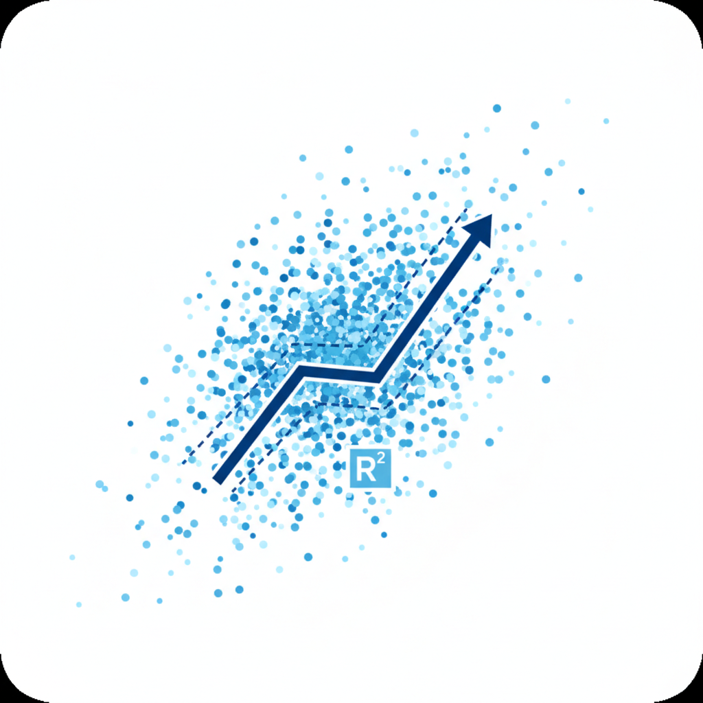 iconography of statistical regression analysis, data points and trend lines, blue and white