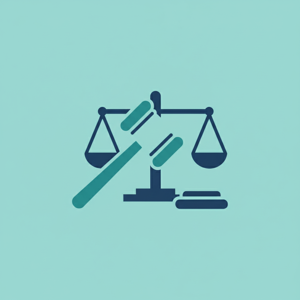 Minimalist vector illustration of a judge gavel or scales of justice, flat style, teal and dark blue colors