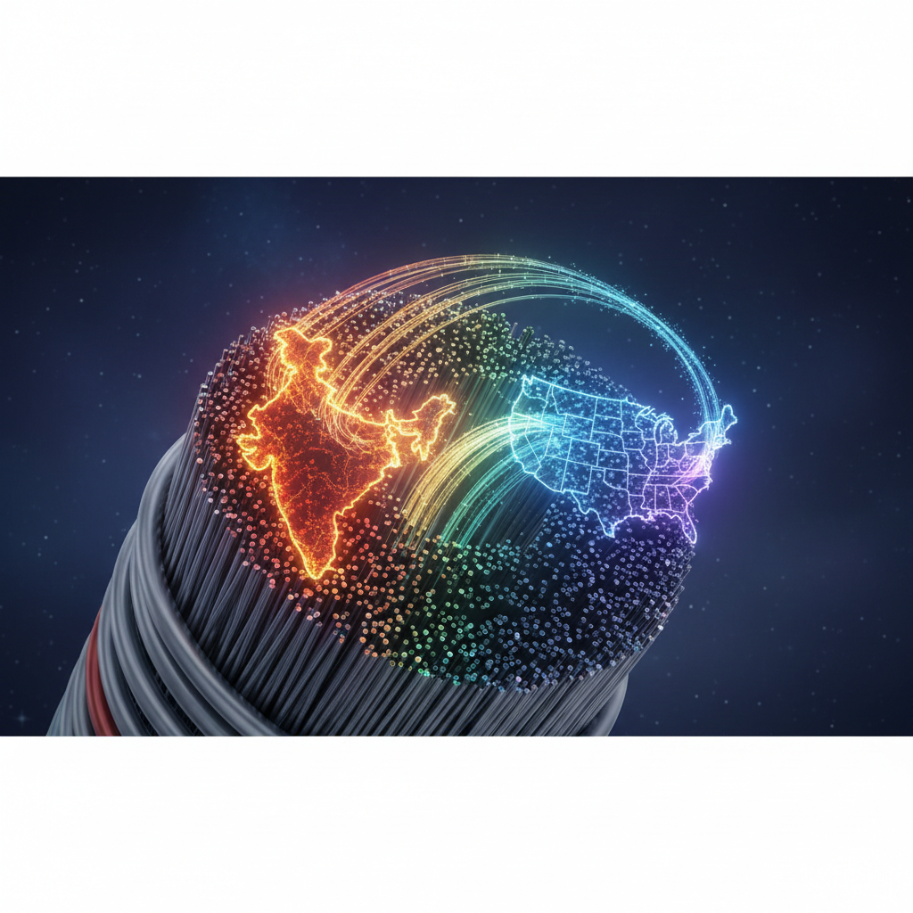 Concept art of a fiber optic cable cross section glowing with data streams, visually connecting a map of India to the USA