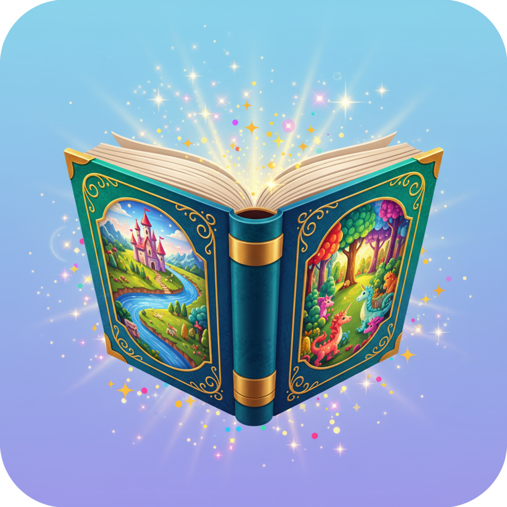 Icon of an open colorful storybook with sparkles, vector style