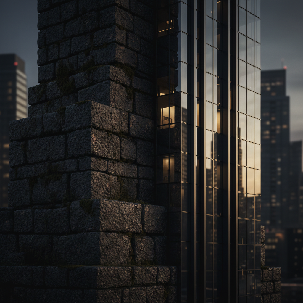 Abstract architectural photography showing a sturdy stone foundation next to a modern glass structure, representing history and future, dark luxe style, cinematic