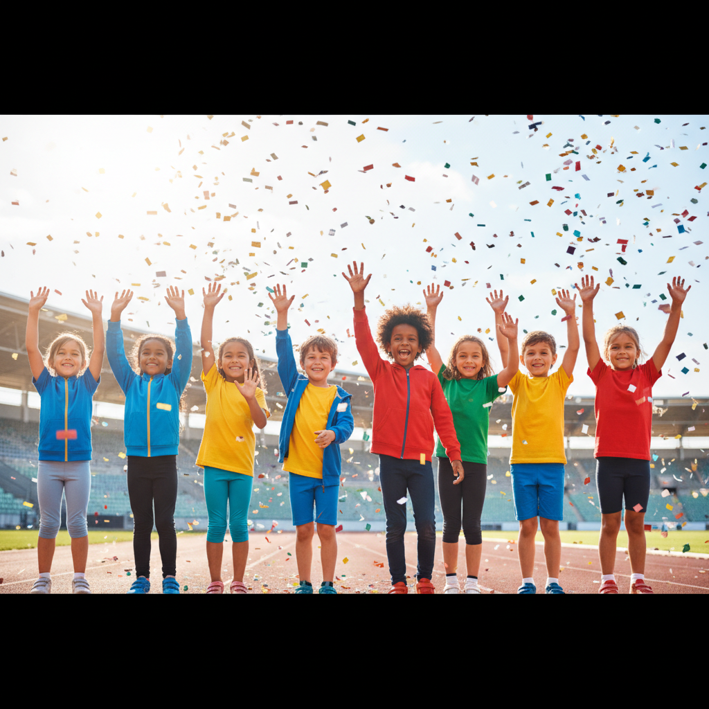 Group of happy multi-ethnic children waving goodbye, wearing sports clothes, confetti in background