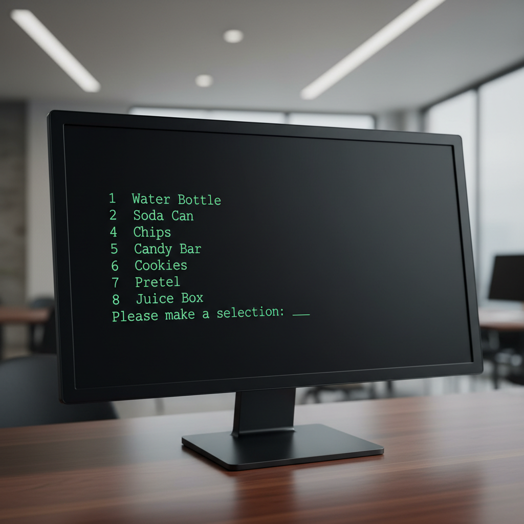 Computer monitor displaying a command line interface black screen with green text showing vending machine options