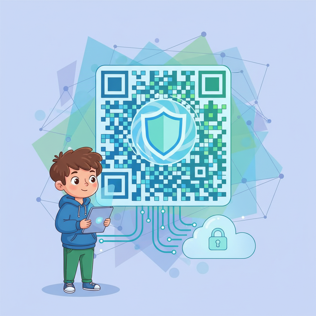 Conceptual illustration of internet security, a child looking at a QR code with a shield icon, safe browsing concept, cartoon style