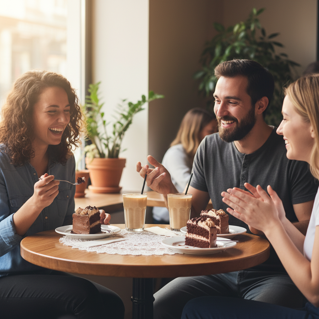 Happy customers eating cake at a cafe table, natural lighting, candid shot