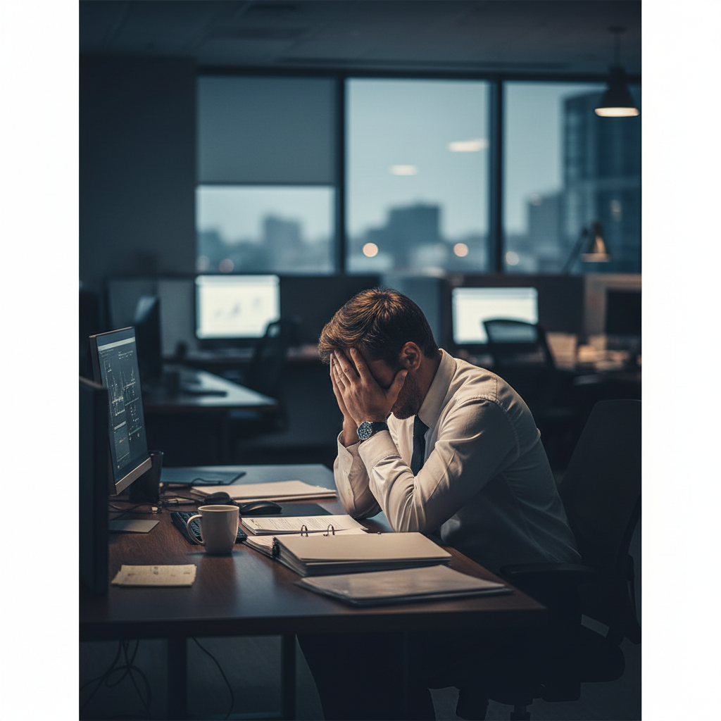 Cinematic shot of a tired everyday man sitting at a desk, head resting in hands, muted colors, office background, high quality, realistic exhaustion.