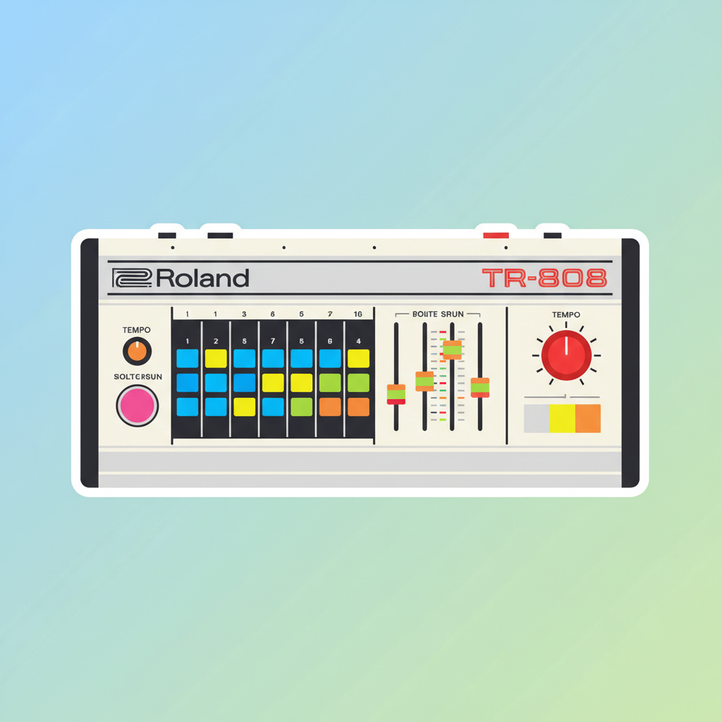 Illustration of a Roland TR-808 drum machine, playful flat vector art style, bright colors