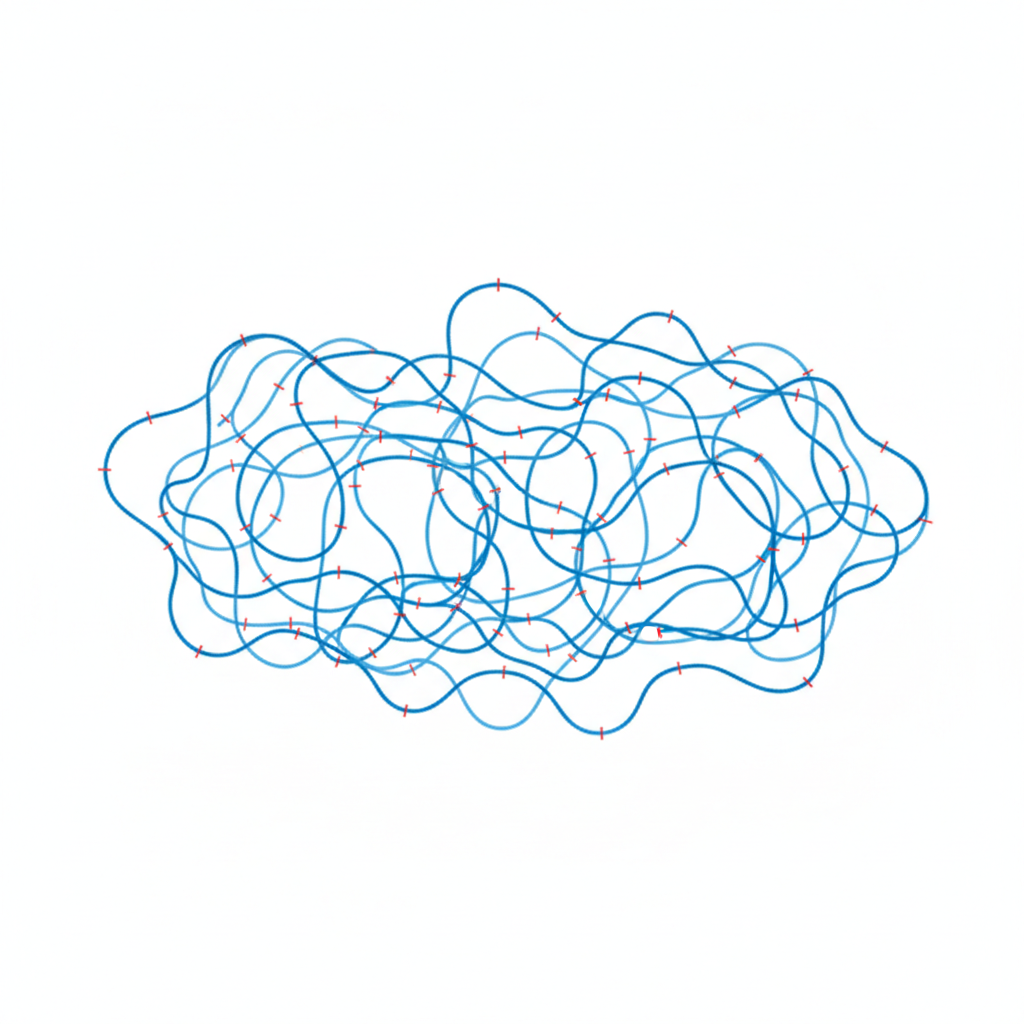 Scientific diagram showing polymer chains (long wavy lines) being connected by cross-links (small bridges) creating a net structure. Blue lines and red connectors. White background.