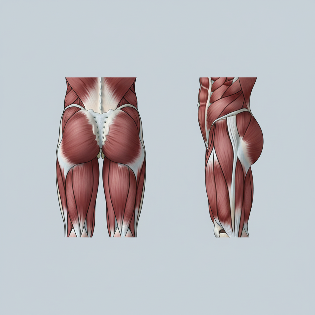Anatomical poster style illustration of Gluteal muscles (Maximus, Medius, Minimus), posterior and lateral views, realistic medical shading