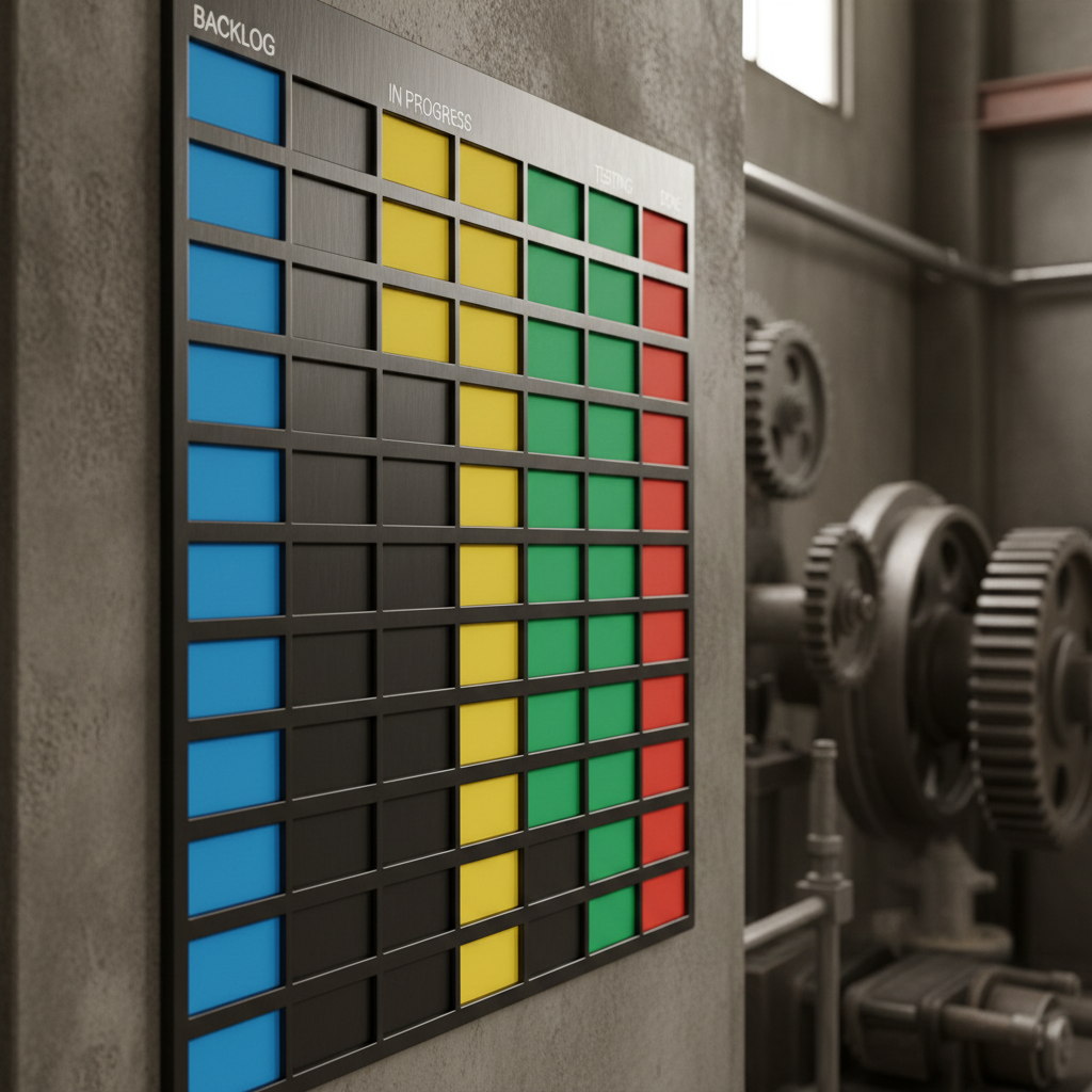 A Kanban board on a factory wall with colorful cards in slots, industrial setting, sharp focus, professional photography
