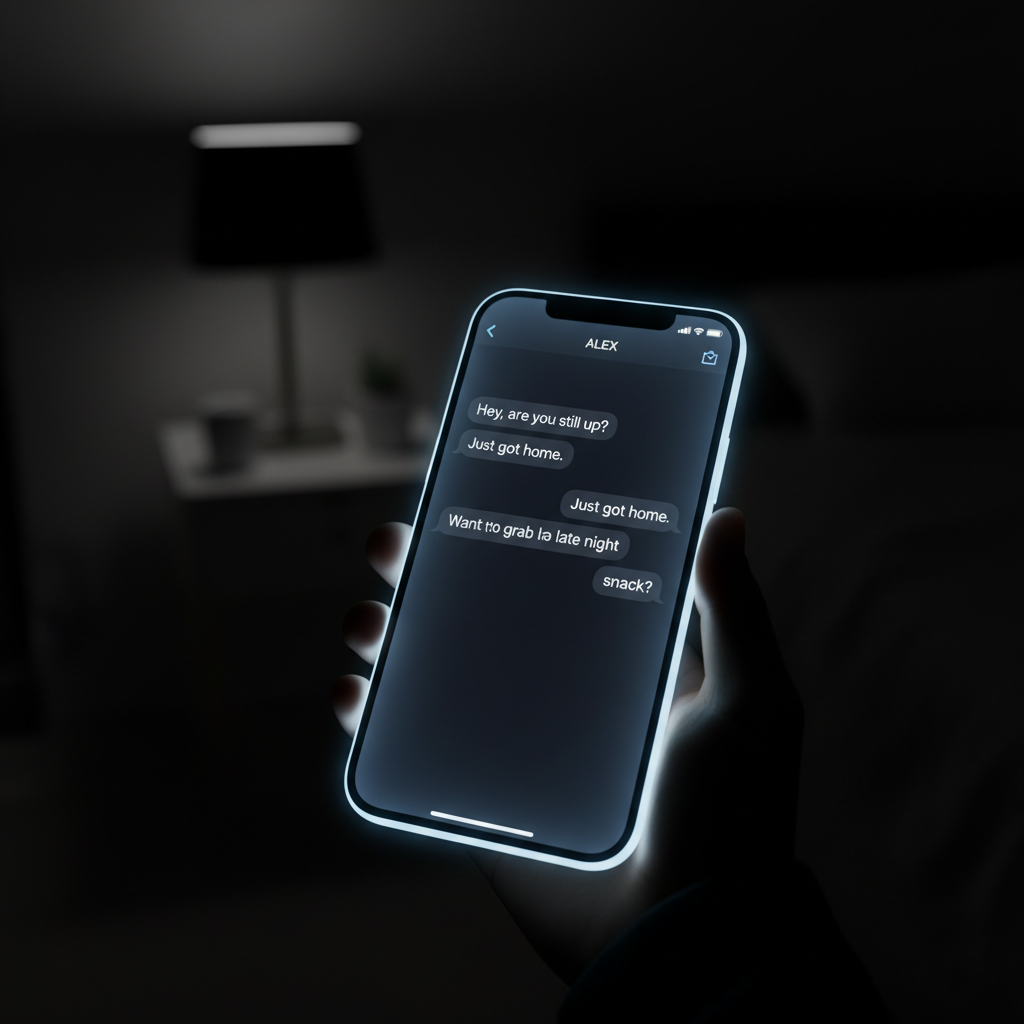 smartphone screen glowing in the dark displaying text messages, cinematic depth of field