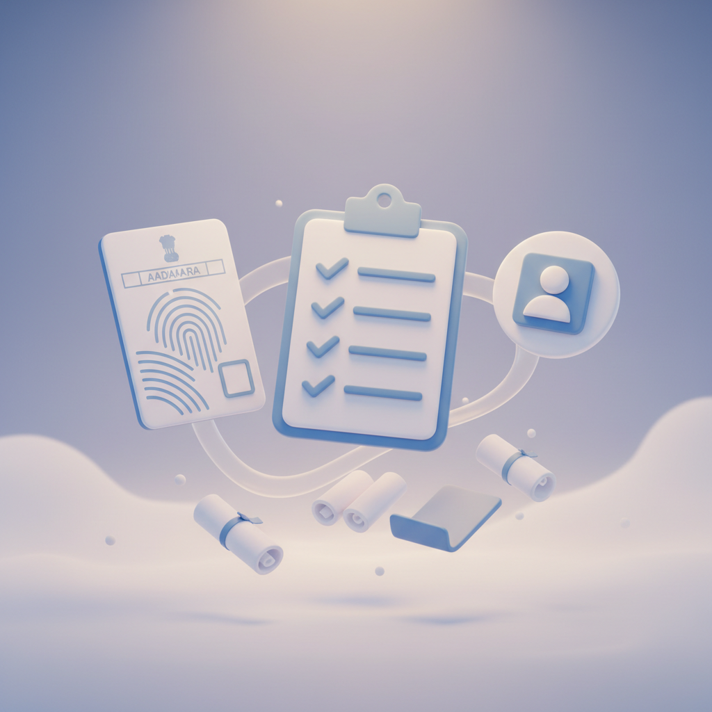 3D illustration of documents floating, checklist, Aadhaar card and photo icons, soft lighting