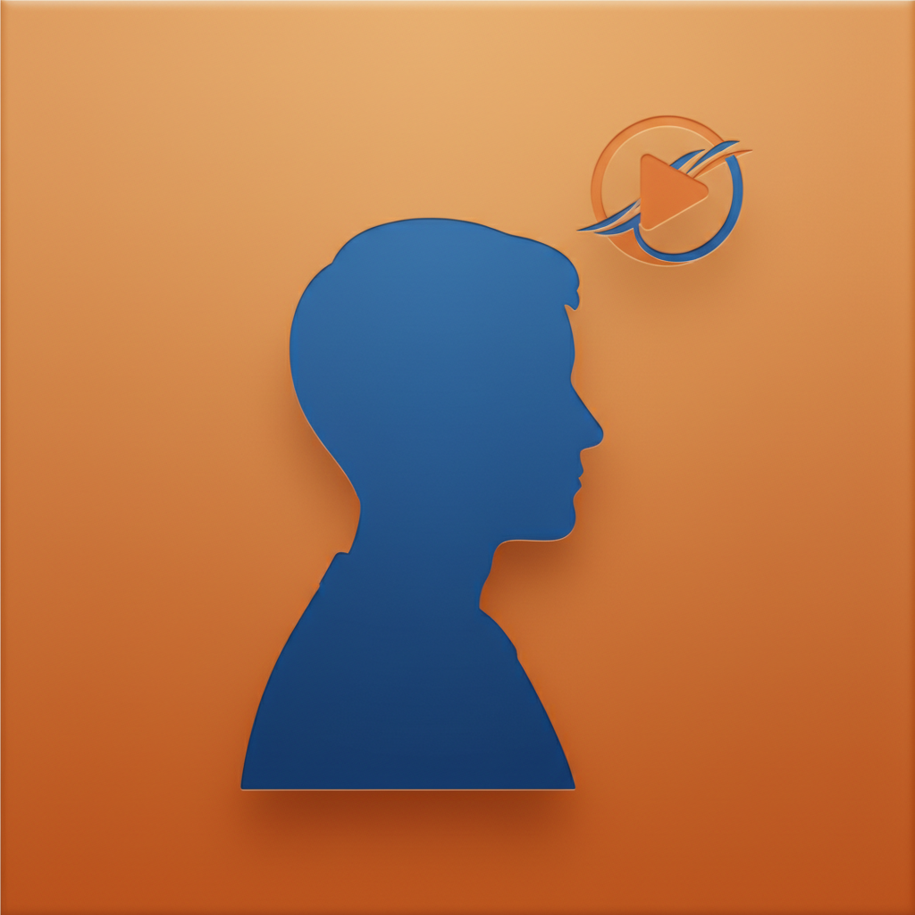 professional headshot silhouette or friendly avatar icon, blue and orange color theme, minimalist style