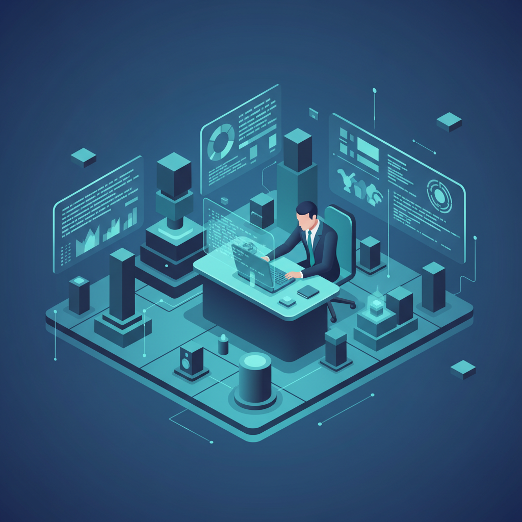Professional auditor examining digital data compliance, teal and dark blue corporate theme, 3d isometric style