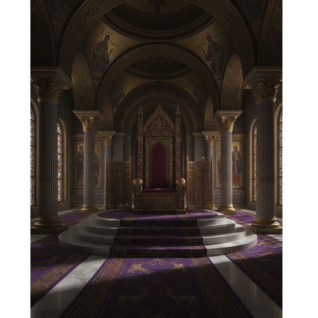 Byzantine throne room concept, symmetrical layout, massive high-backed throne in center, rich purple carpets, gold accents, dark architectural mood