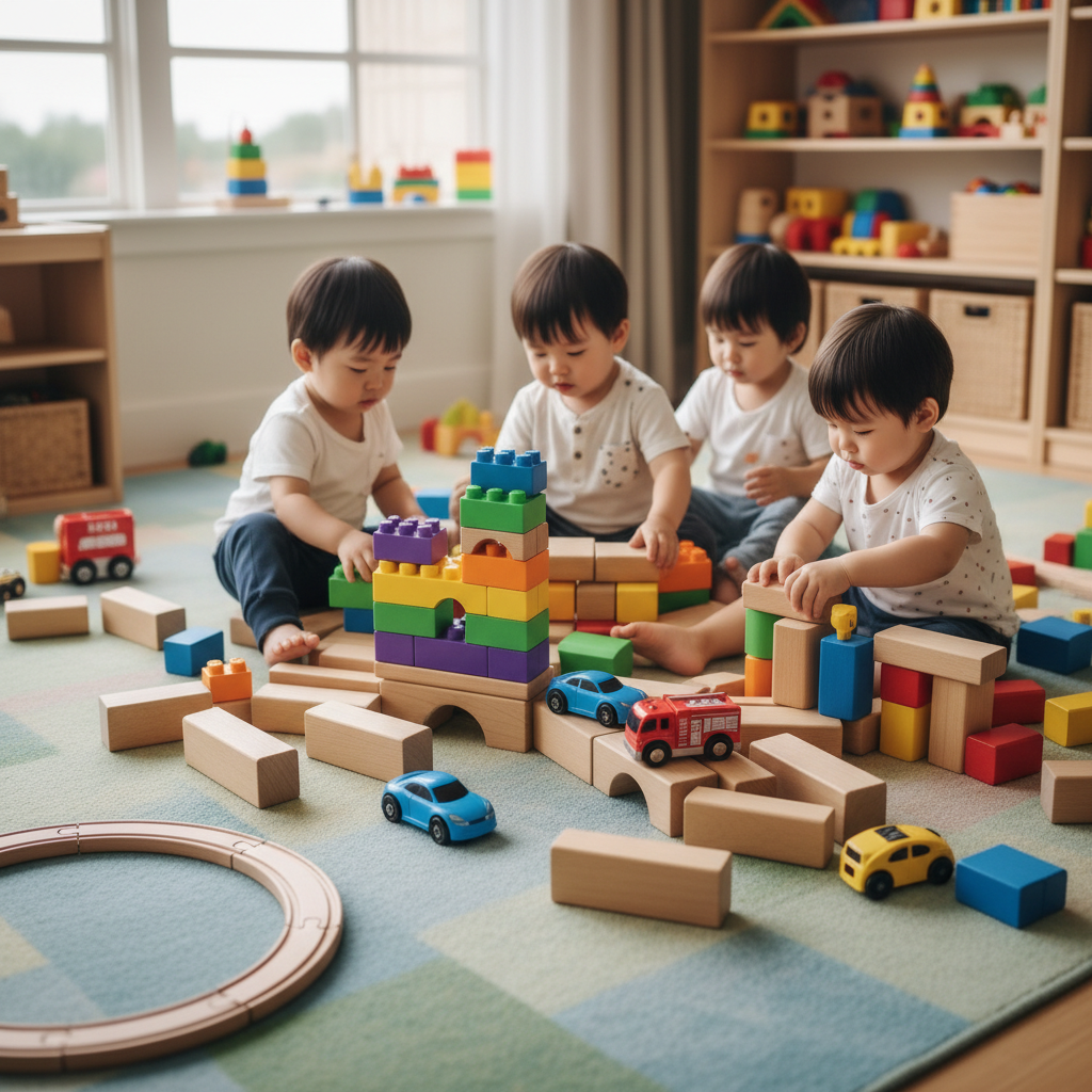 Toddlers building blocks area, large wooden blocks, colorful plastic bricks, toy cars, carpet play area