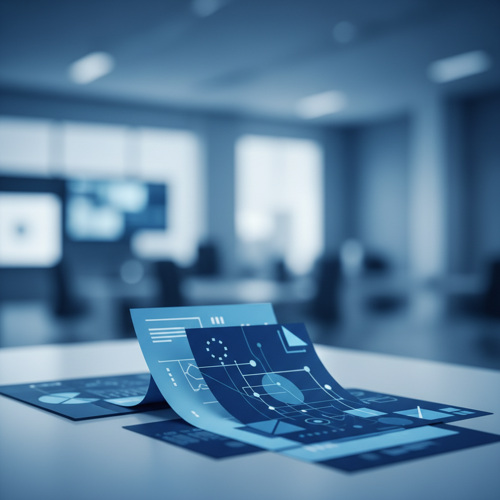 professional abstract representation of strategic planning, documents on a desk, soft focus, corporate blue style