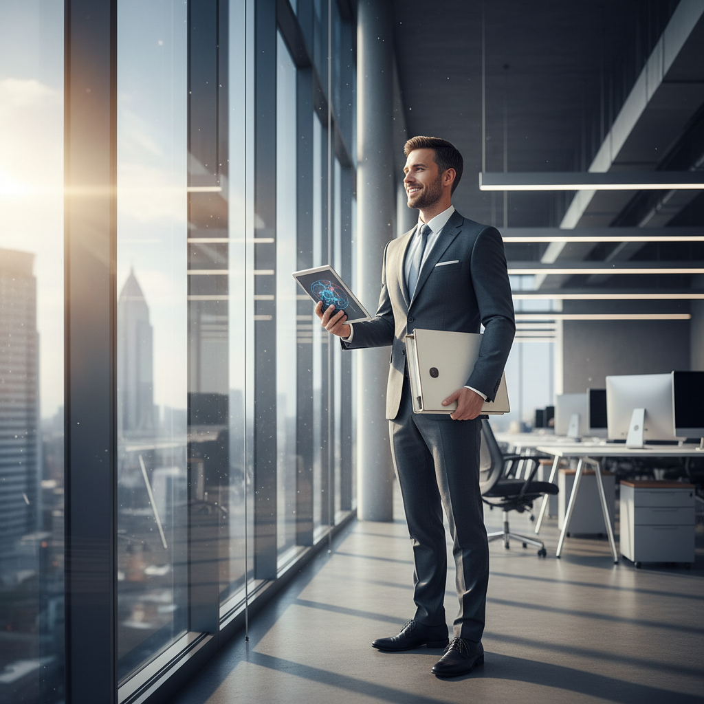 Cinematic shot of a person looking confident and successful holding a folder or tablet, bright lighting, corporate success theme
