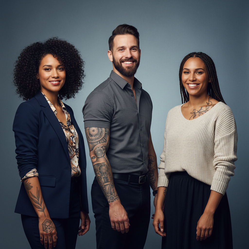 Portrait of three diverse professionals with visible tattoos, wearing smart casual business attire, smiling confident, studio setting
