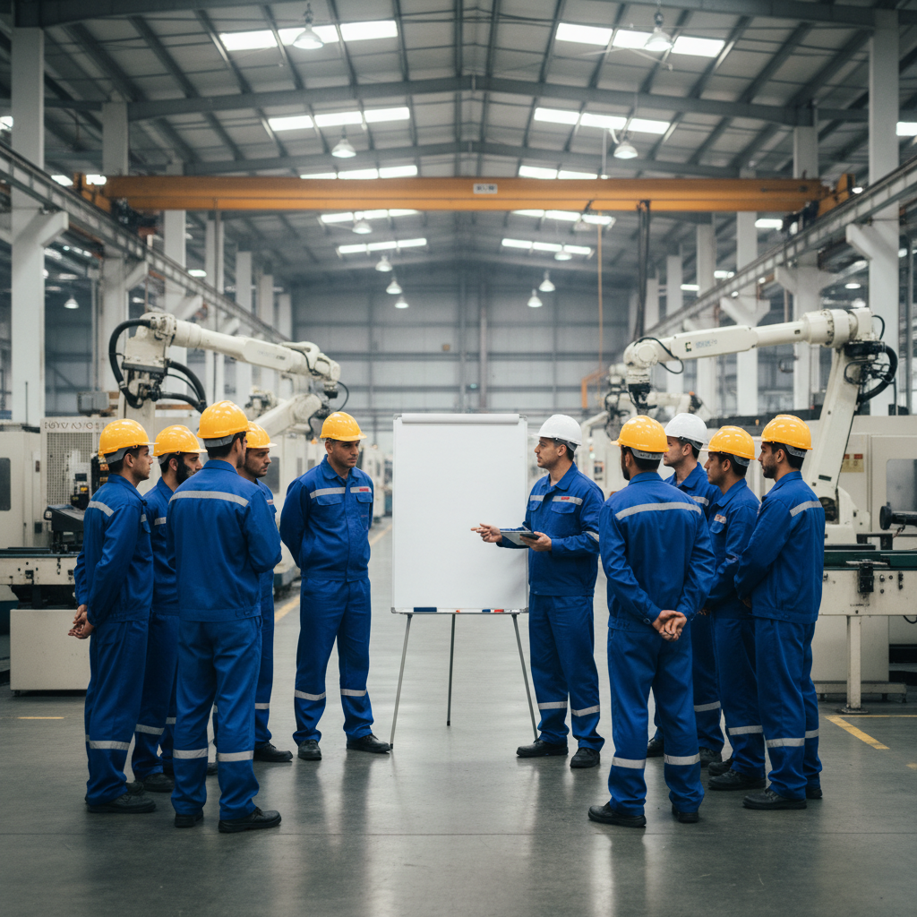 Factory workers in uniforms standing in a semi-circle having a morning safety meeting near a whiteboard, industrial setting, realistic