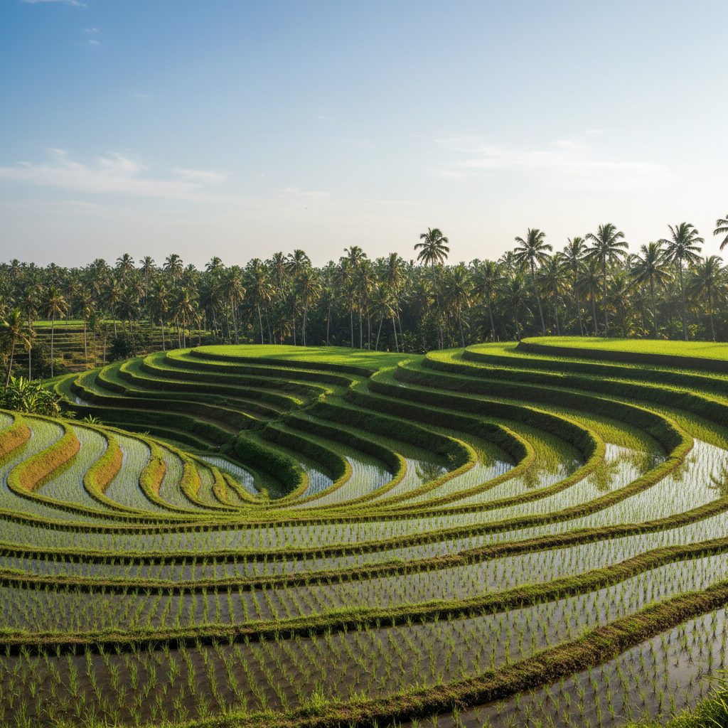 Lush green terraced rice paddy fields in Karnataka, filled with water, coconut trees in the background, bright sunny day, realistic photography.