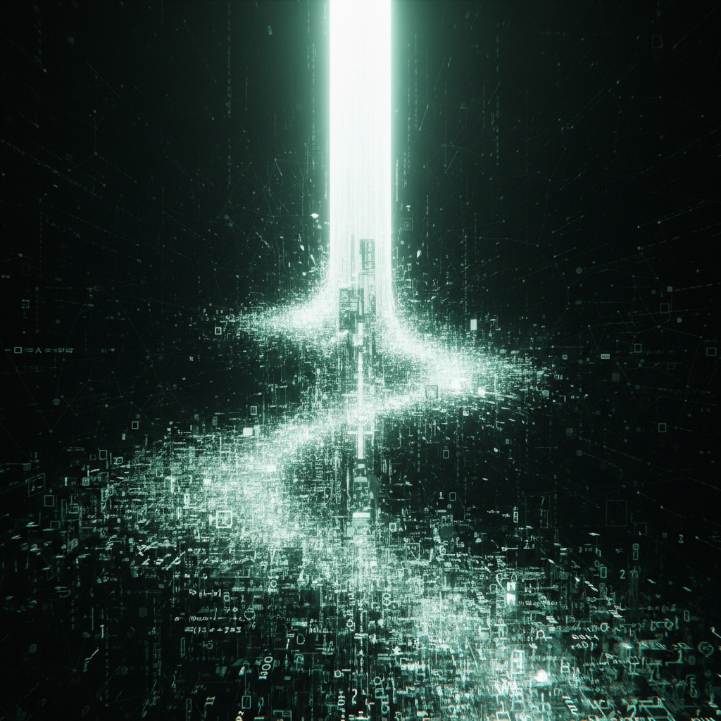 Stream of code turning into a bright beam of light, symbolizing data processing, abstract digital art, matrix style green and white