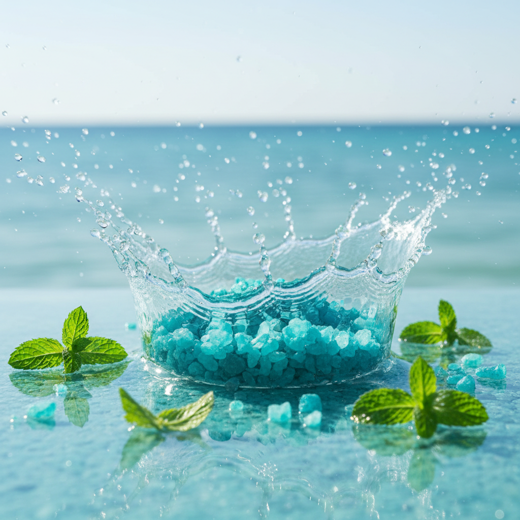 Cinematic shot of turquoise sea salt crystals splashing into clear water, high speed photography, bright lighting, fresh energetic atmosphere, mint leaves floating detailed texture 8k resolution