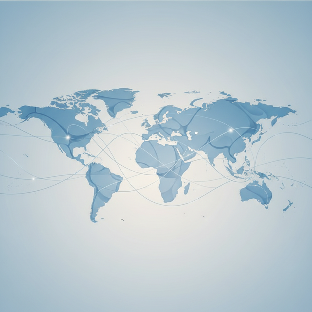 Abstract global map connecting different continents with subtle lines, professional corporate style, soft blue and grey tones, high quality, minimal detail