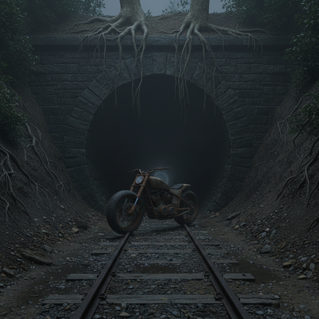 A dark tunnel entrance with a motorcycle on rails inside, dirt and earth textures