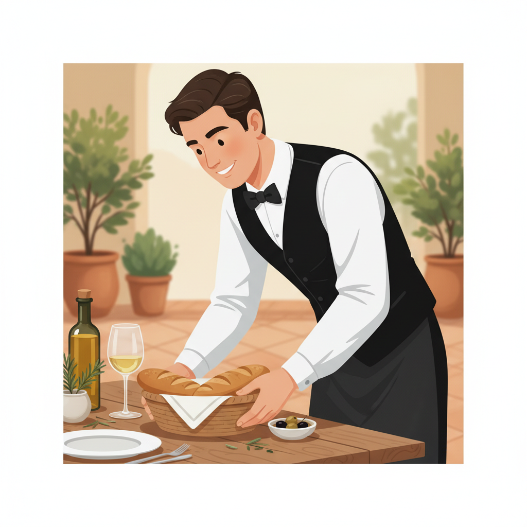 waiter putting bread and olives on table illustration