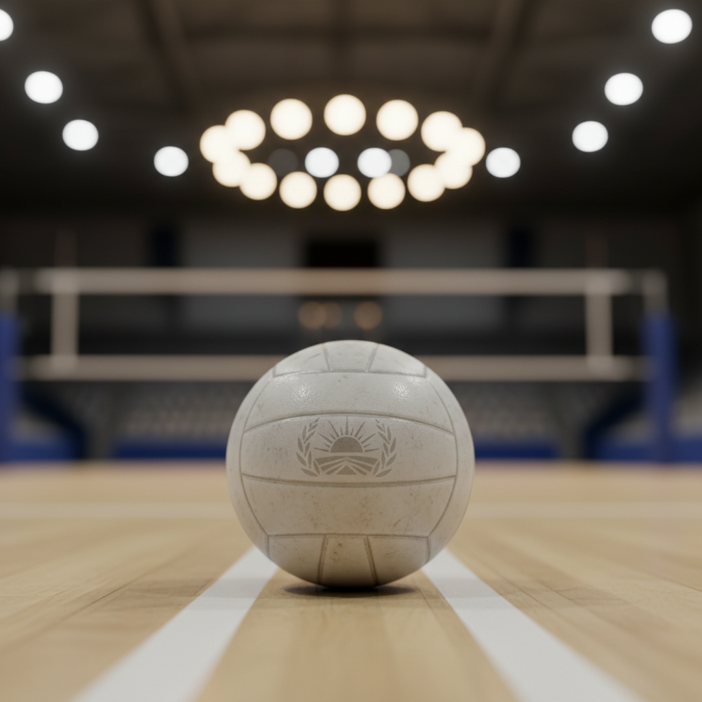 A volleyball on the court floor, shallow depth of field, gym lights in the background, symbol of completed training