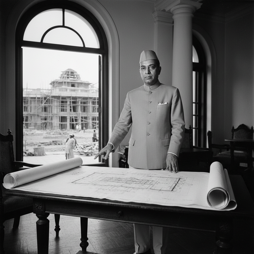 Black and white historical portrait style of Kengal Hanumanthaiah pointing at the Vidhana Soudha construction plans, 1950s atmosphere, vintage Indian politician attire