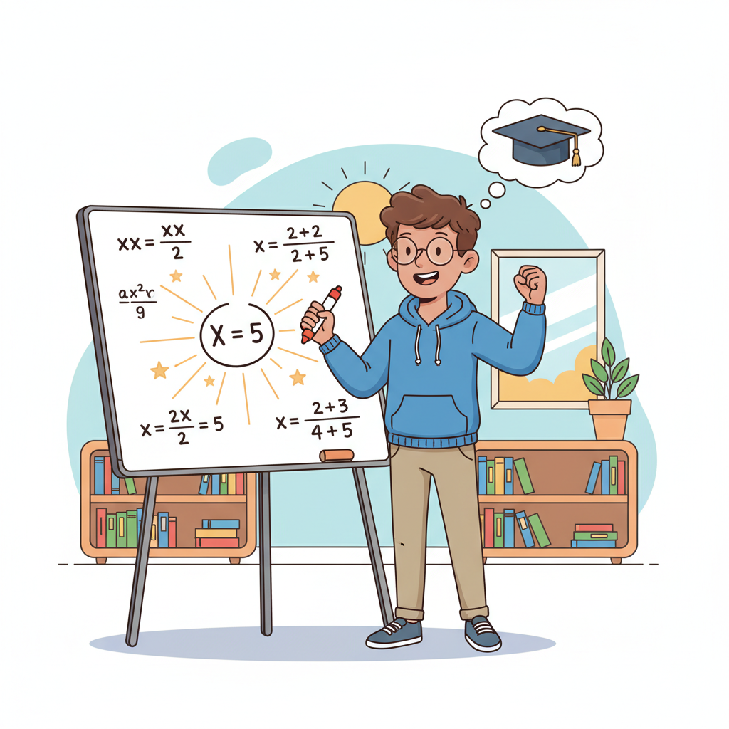 cartoon student solving a math problem on a whiteboard happy success