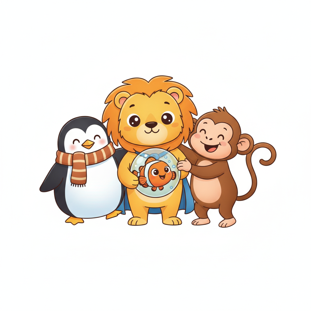 Group of cute cartoon animals: a lion, a penguin, a fish, and a monkey, standing together in a friendly way, white background, illustration