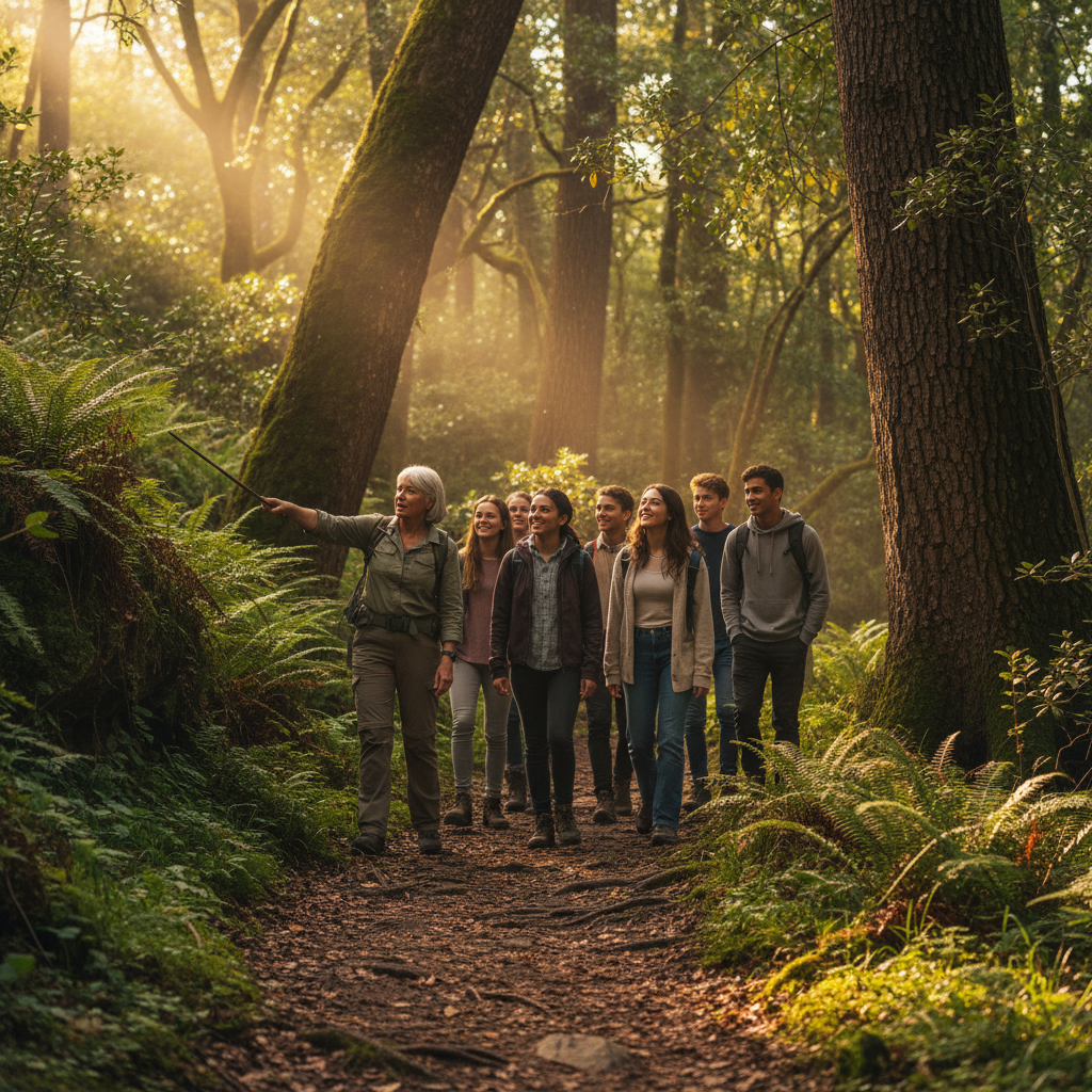 group of students walking down a forest path with a guide, sunlight, nature trail