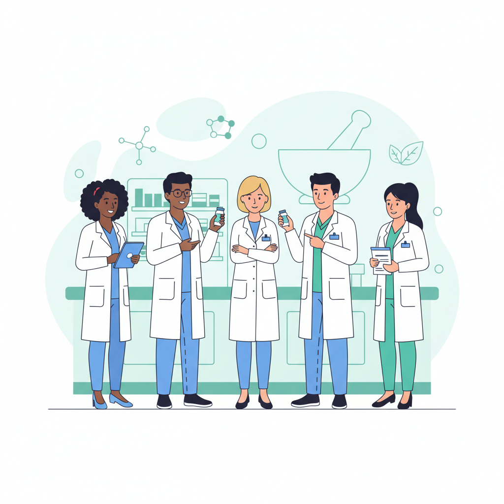 group of pharmacy staff illustration, diverse team, white coats, flat modern vector style
