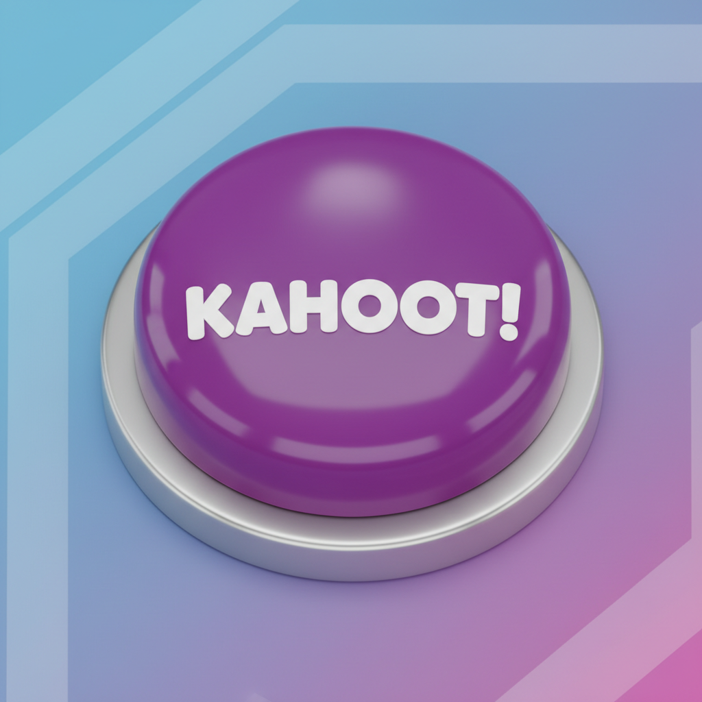 A vibrant, 3d render of a game show buzzer button that is purple and says KAHOOT.