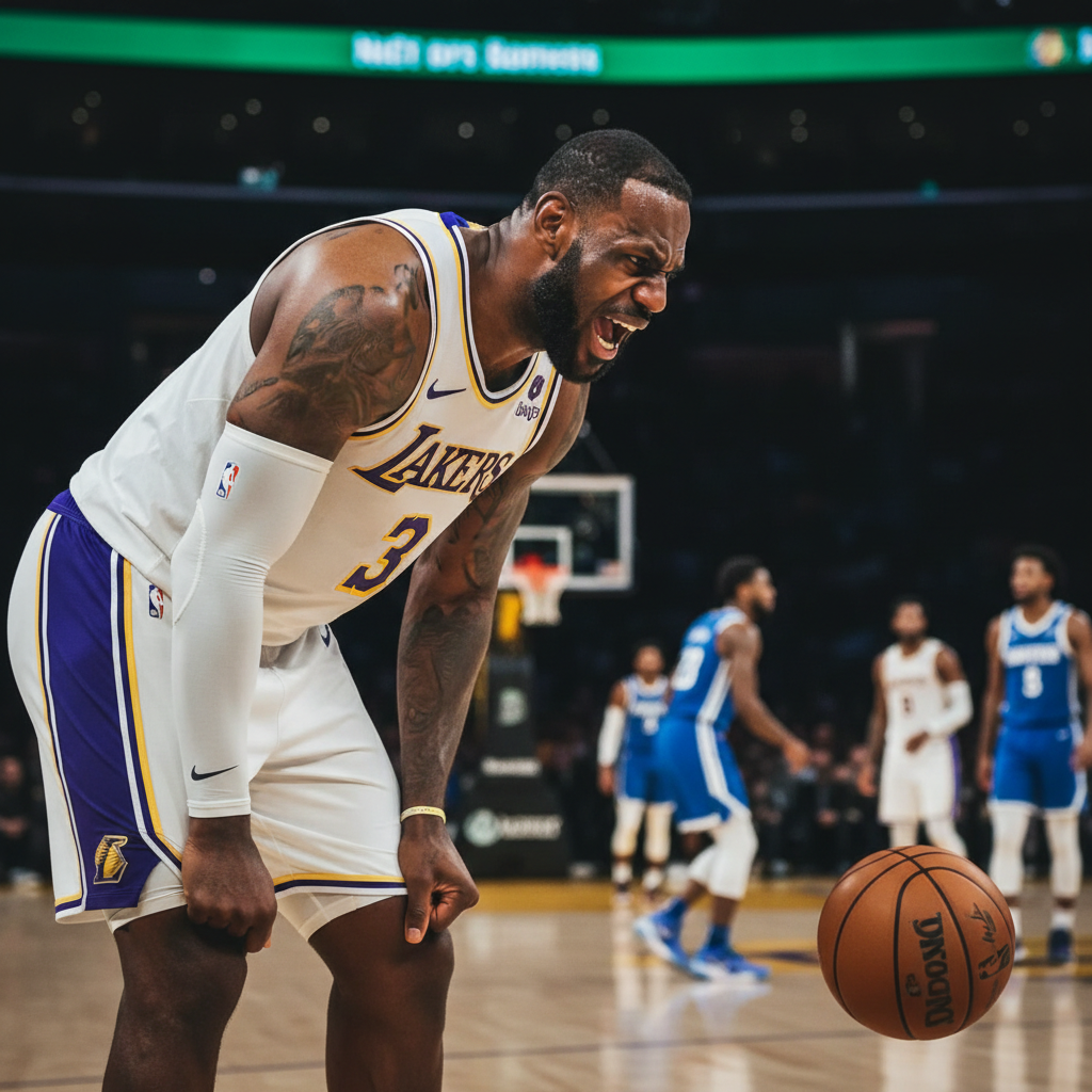 LeBron James expressing frustration after a loose ball turnover