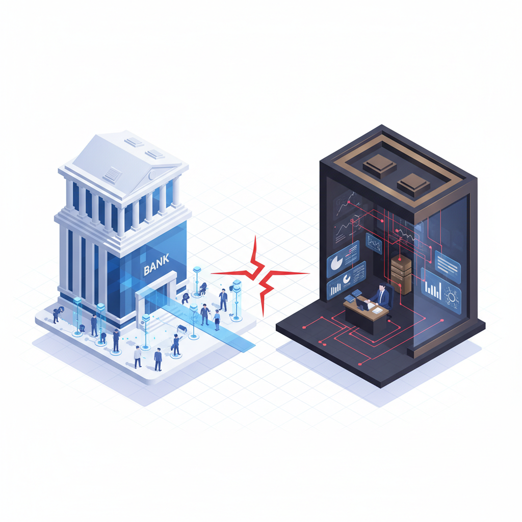 Isometric illustration of a bank building connected to public investors vs a private fund office analyzing data internally, clean corporate style