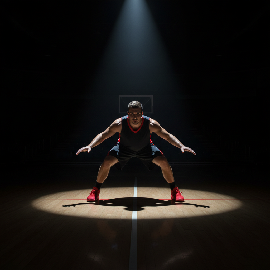 Basketball player crouched in defensive stance, spotlighted on dark court