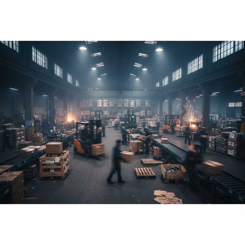 Cinematic shot of a busy warehouse floor with motion blur, emphasizing speed and chaotic manual workflow, dark atmosphere
