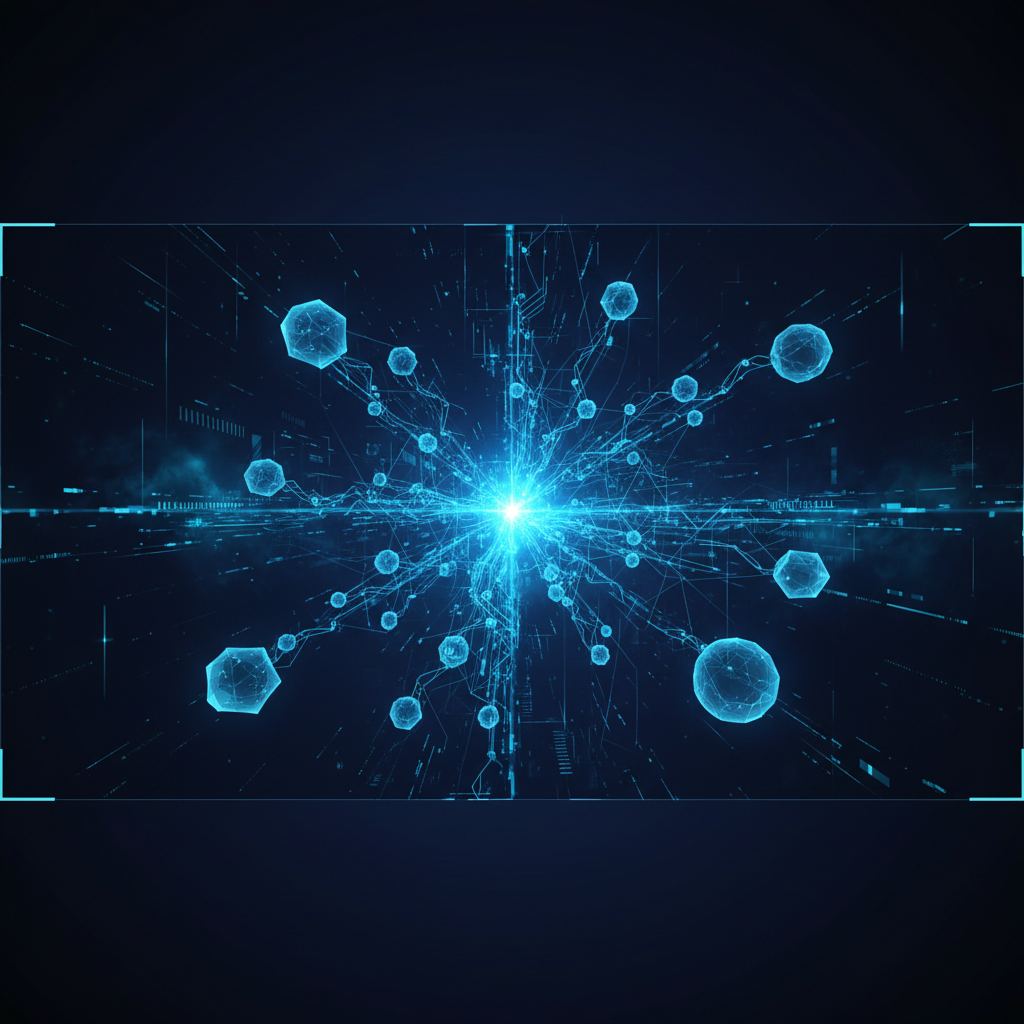 Abstract digital visualization of a central glowing core connecting to multiple data nodes, high tech interface style, cyan and dark blue aesthetics