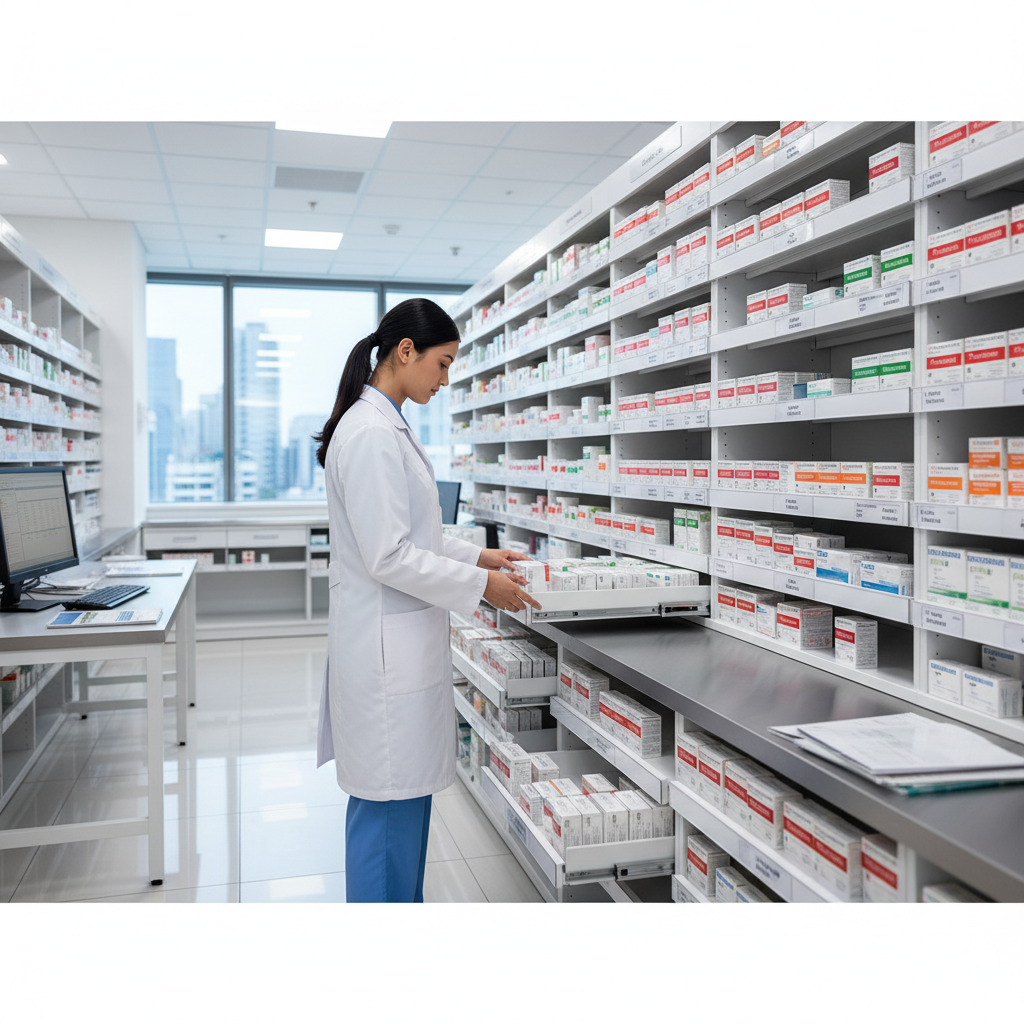 pharmacy intern storing medicine boxes in drawers, organized shelves, clean working environment