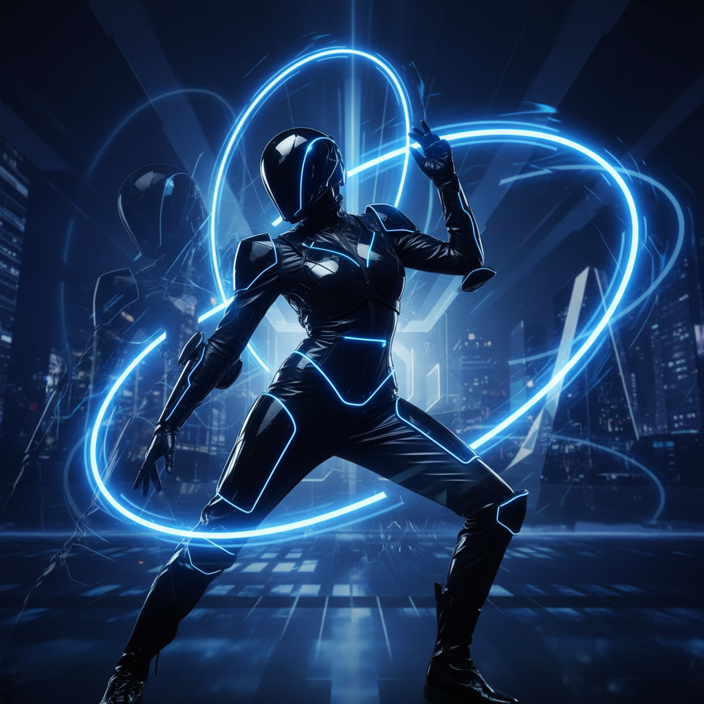 Dark futuristic fashion photography, shiny latex textures, neon blue lighting, abstract blurred motion, editorial high fashion, 8k, highly detailed