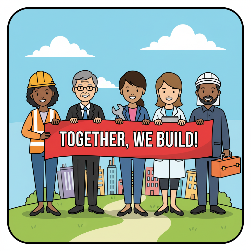 Illustration of diverse workers holding a red banner together, educational cartoon style