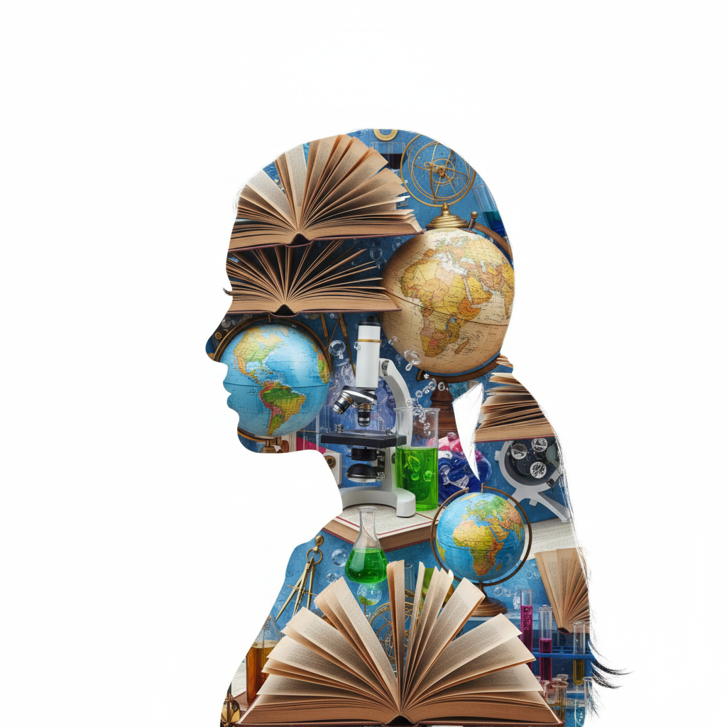 Double exposure photography of a student's silhouette filled with images of books, globes, and science tools, artistic, white background