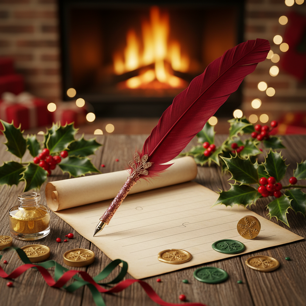 Festive stationery, red quill pen, and a list of questions on a wooden table with holly leaves